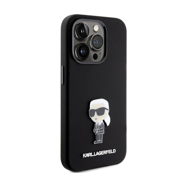Karl Lagerfeld Silikoninen Ikonik Metallinen Pinni - iPhone 15 Pro -suojakuori (Musta)
