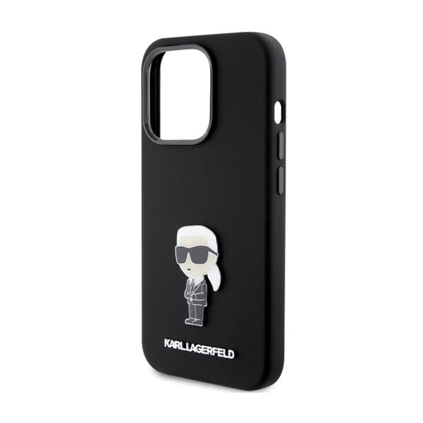 Karl Lagerfeld Silikoninen Ikonik Metallinen Pinni - iPhone 15 Pro -suojakuori (Musta)