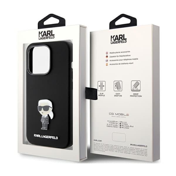Karl Lagerfeld Silikoninen Ikonik Metallinen Pinni - iPhone 15 Pro -suojakuori (Musta)