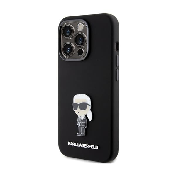 Karl Lagerfeld Silikoninen Ikonik Metallinen Pinni - iPhone 15 Pro -suojakuori (Musta)