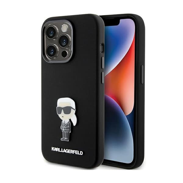 Karl Lagerfeld Silikoninen Ikonik Metallinen Pinni - iPhone 15 Pro -suojakuori (Musta)