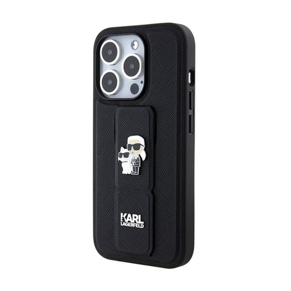 Karl Lagerfeld Gripstand Saffiano Karl & Choupette Pins - iPhone 15 Pro cover (sort)
