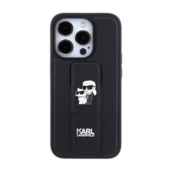 Karl Lagerfeld Gripstand Saffiano Karl & Choupette Pins - iPhone 15 Pro cover (sort)