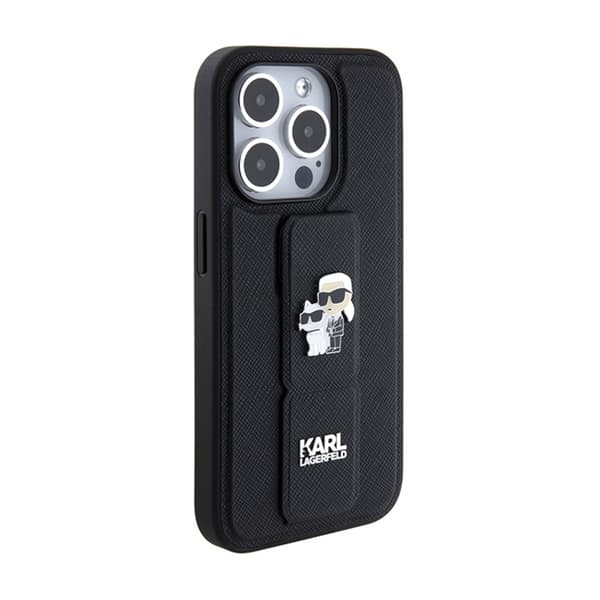 Karl Lagerfeld Gripstand Saffiano Karl & Choupette Pins - iPhone 15 Pro cover (sort)