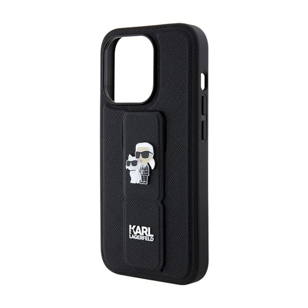 Karl Lagerfeld Gripstand Saffiano Karl & Choupette Pins - iPhone 15 Pro cover (sort)