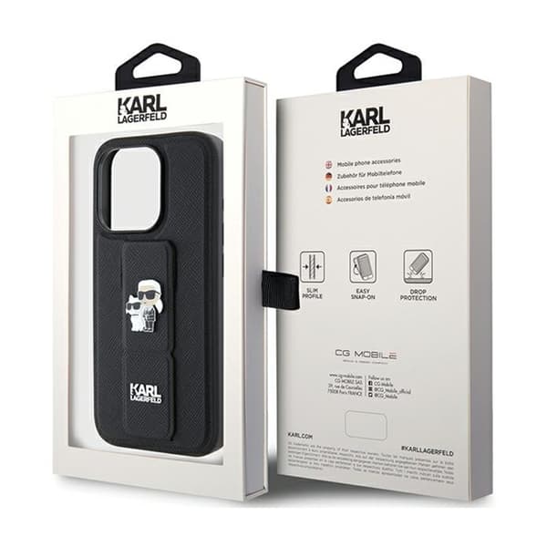 Karl Lagerfeld Gripstand Saffiano Karl & Choupette Pins - iPhone 15 Pro cover (sort)