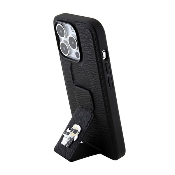 Karl Lagerfeld Gripstand Saffiano Karl & Choupette Pins - iPhone 15 Pro cover (sort)