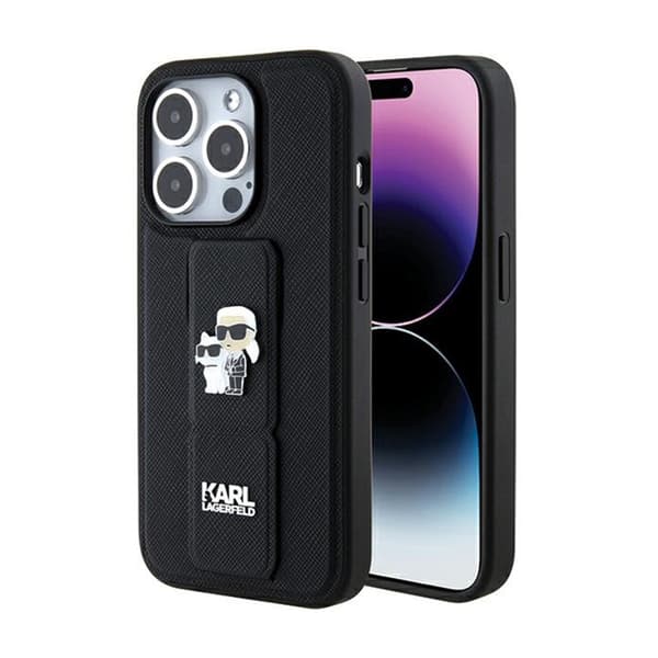 Karl Lagerfeld Gripstand Saffiano Karl & Choupette Pins - iPhone 15 Pro cover (sort)