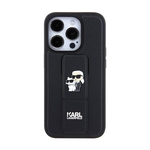Karl Lagerfeld Gripstand Saffiano Karl & Choupette Pins - iPhone 14 Pro cover (sort)