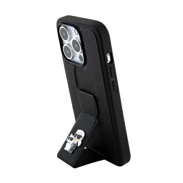 Karl Lagerfeld Gripstand Saffiano Karl & Choupette Pins - iPhone 14 Pro cover (sort)
