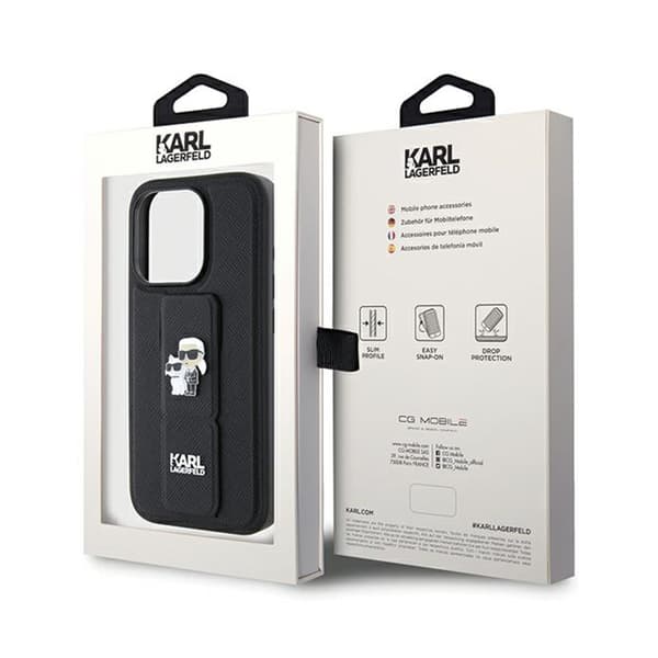 Karl Lagerfeld Gripstand Saffiano Karl & Choupette Pins - iPhone 14 Pro cover (sort)