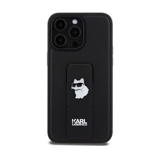 Karl Lagerfeld Gripstand Saffiano Choupette Pins - iPhone 13 Pro Max -kotelo (musta)