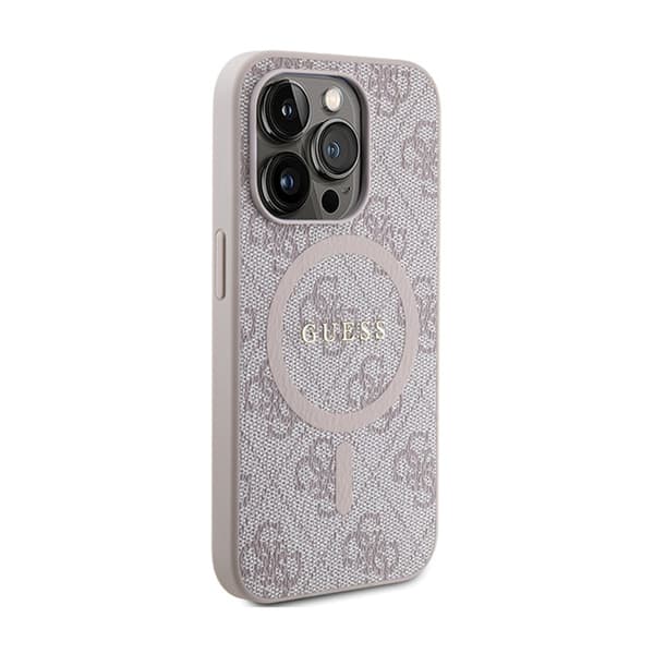 Guess 4G Collection Lädermetalllogotyp MagSafe - iPhone 15 Pro-skal (rosa)