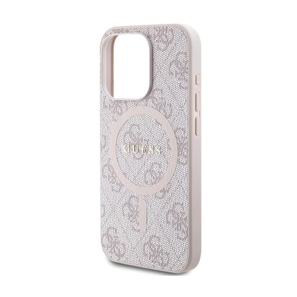 Guess 4G Collection Lädermetalllogotyp MagSafe - iPhone 15 Pro-skal (rosa)