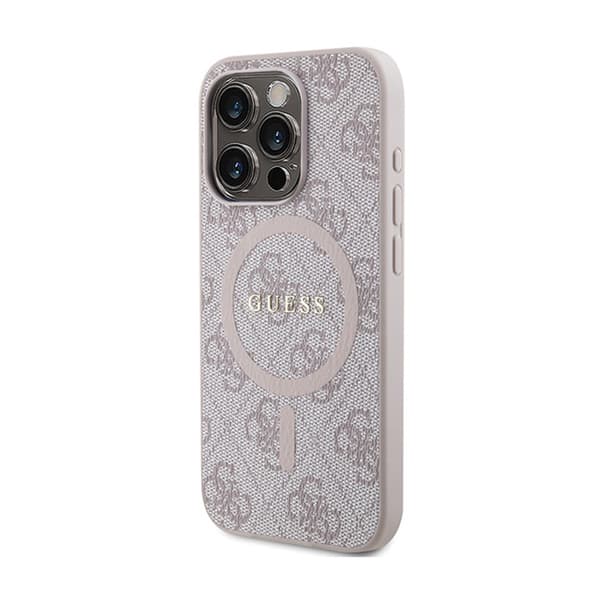 Guess 4G Collection Lädermetalllogotyp MagSafe - iPhone 15 Pro-skal (rosa)