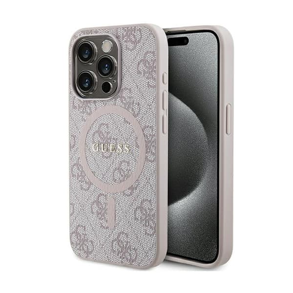 Guess 4G Collection Lädermetalllogotyp MagSafe - iPhone 15 Pro-skal (rosa)