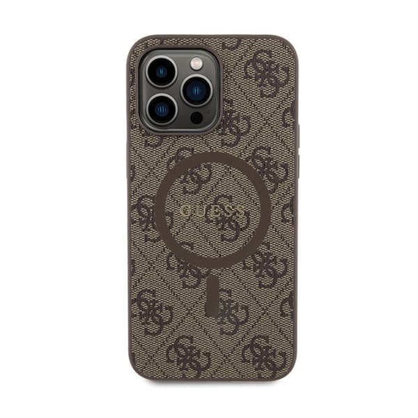 Guess 4G Collection nahkainen metallinen MagSafe-logo - iPhone 15 Pro Max -kotelo (ruskea)
