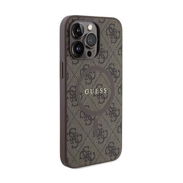 Guess 4G Collection nahkainen metallinen MagSafe-logo - iPhone 15 Pro Max -kotelo (ruskea)