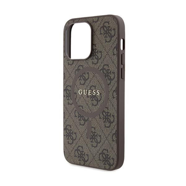 Guess 4G Collection nahkainen metallinen MagSafe-logo - iPhone 15 Pro Max -kotelo (ruskea)