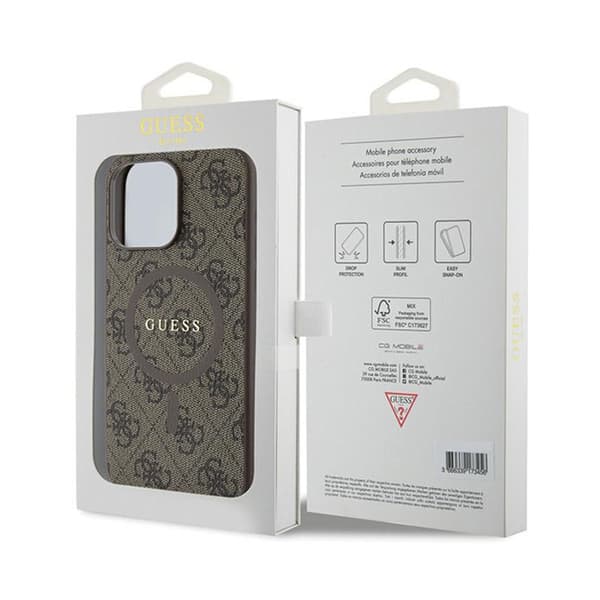 Guess 4G Collection nahkainen metallinen MagSafe-logo - iPhone 15 Pro Max -kotelo (ruskea)