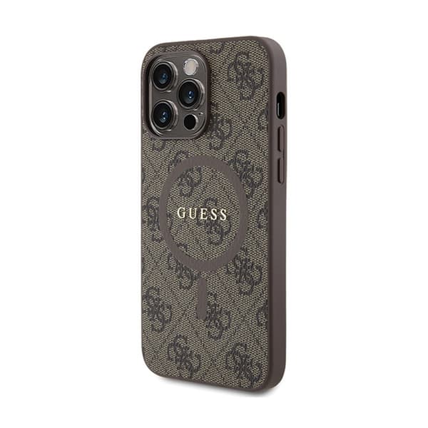Guess 4G Collection nahkainen metallinen MagSafe-logo - iPhone 15 Pro Max -kotelo (ruskea)