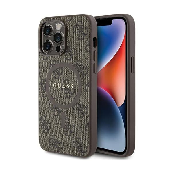 Guess 4G Collection nahkainen metallinen MagSafe-logo - iPhone 15 Pro Max -kotelo (ruskea)