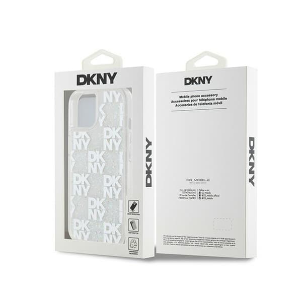 DKNY Liquid Glitter Multilogo - iPhone 15 / 14 / 13 -suojakuori (valkoinen)