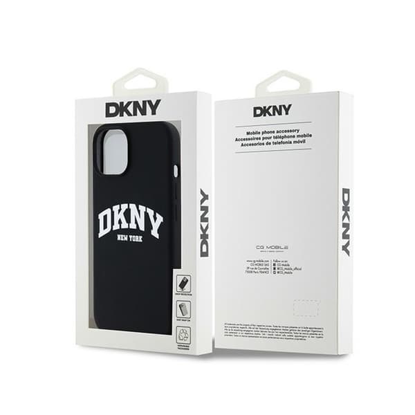 DKNY Liquid Silicone White Printed Logo MagSafe - iPhone 15 Plus / 14 Plus -kotelo (musta)
