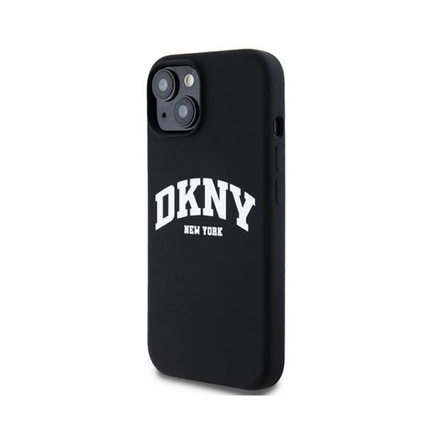DKNY Liquid Silicone White Printed Logo MagSafe - iPhone 15 Plus / 14 Plus -kotelo (musta)