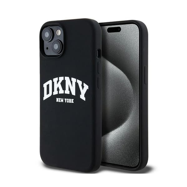 DKNY Liquid Silicone White Printed Logo MagSafe - iPhone 15 Plus / 14 Plus -kotelo (musta)