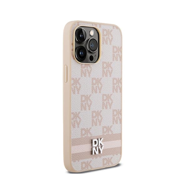DKNY Nahkaruutukuvioinen yksikuvioinen kuvio ja painetut raidat - iPhone 14 Pro Max -kotelo (Vaaleanpunainen)