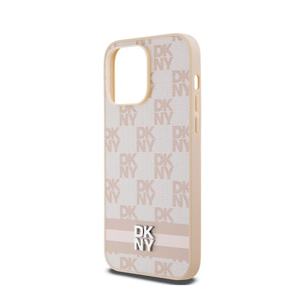 DKNY Nahkaruutukuvioinen yksikuvioinen kuvio ja painetut raidat - iPhone 14 Pro Max -kotelo (Vaaleanpunainen)