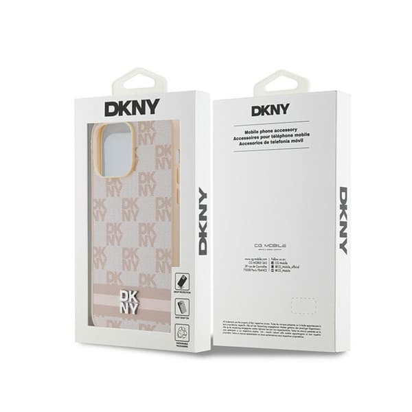 DKNY Nahkaruutukuvioinen yksikuvioinen kuvio ja painetut raidat - iPhone 14 Pro Max -kotelo (Vaaleanpunainen)