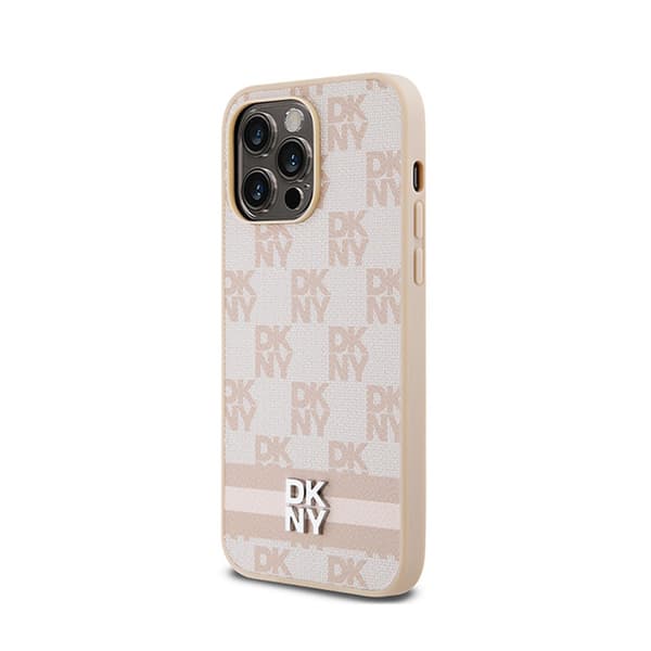 DKNY Nahkaruutukuvioinen yksikuvioinen kuvio ja painetut raidat - iPhone 14 Pro Max -kotelo (Vaaleanpunainen)
