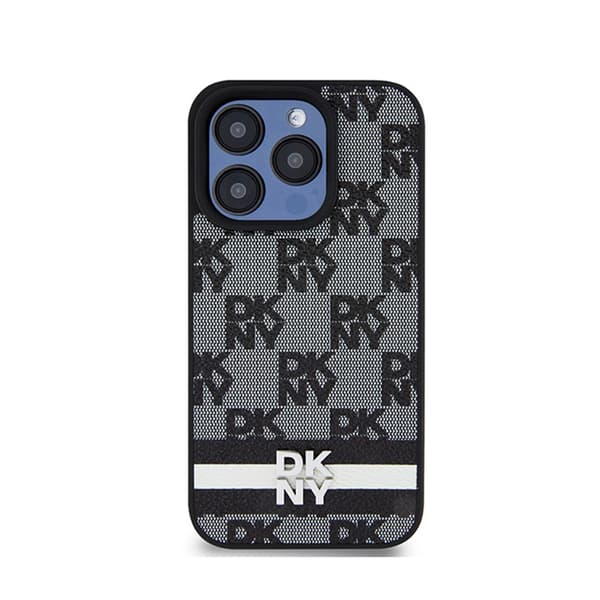 DKNY Nahkaruutukuvioinen yksikuvioinen kuvio ja painetut raidat - iPhone 15 Pro -kotelo (musta)