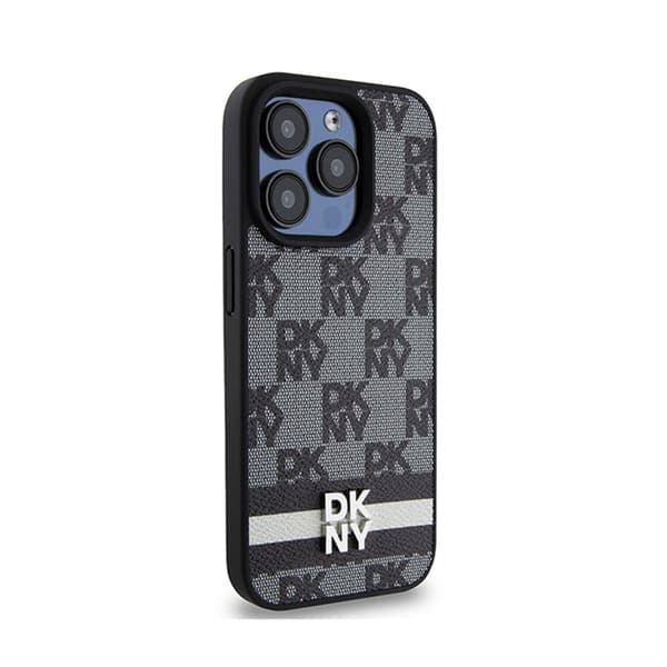 DKNY Nahkaruutukuvioinen yksikuvioinen kuvio ja painetut raidat - iPhone 15 Pro -kotelo (musta)