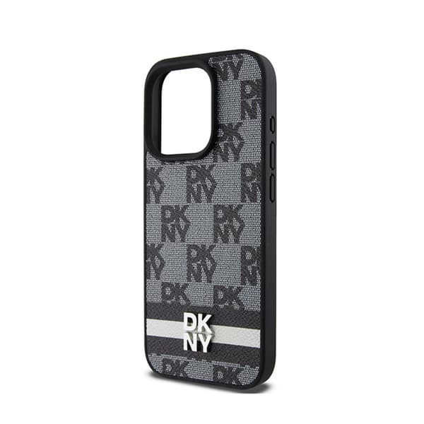 DKNY Nahkaruutukuvioinen yksikuvioinen kuvio ja painetut raidat - iPhone 15 Pro -kotelo (musta)