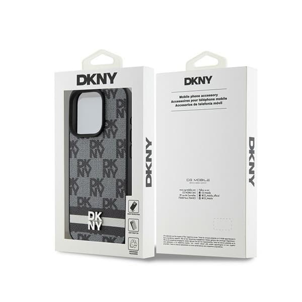 DKNY Nahkaruutukuvioinen yksikuvioinen kuvio ja painetut raidat - iPhone 15 Pro -kotelo (musta)