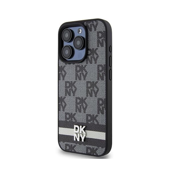 DKNY Nahkaruutukuvioinen yksikuvioinen kuvio ja painetut raidat - iPhone 15 Pro -kotelo (musta)