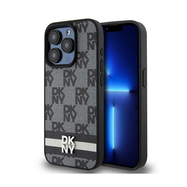 DKNY Nahkaruutukuvioinen yksikuvioinen kuvio ja painetut raidat - iPhone 15 Pro -kotelo (musta)