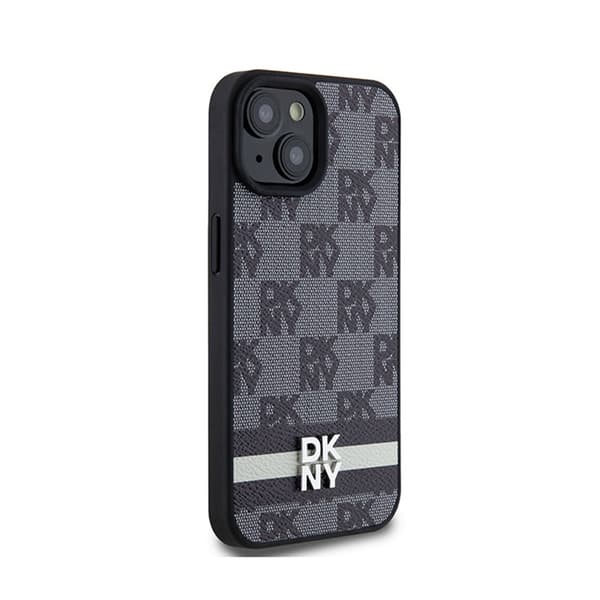 DKNY Nahkaruutukuvioinen yksikuvioinen kuvio ja painetut raidat - iPhone 15 Plus / 14 Plus -kotelo (musta)