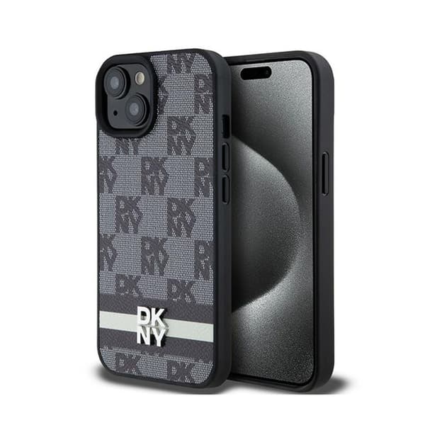 DKNY Nahkaruutukuvioinen yksikuvioinen kuvio ja painetut raidat - iPhone 15 Plus / 14 Plus -kotelo (musta)