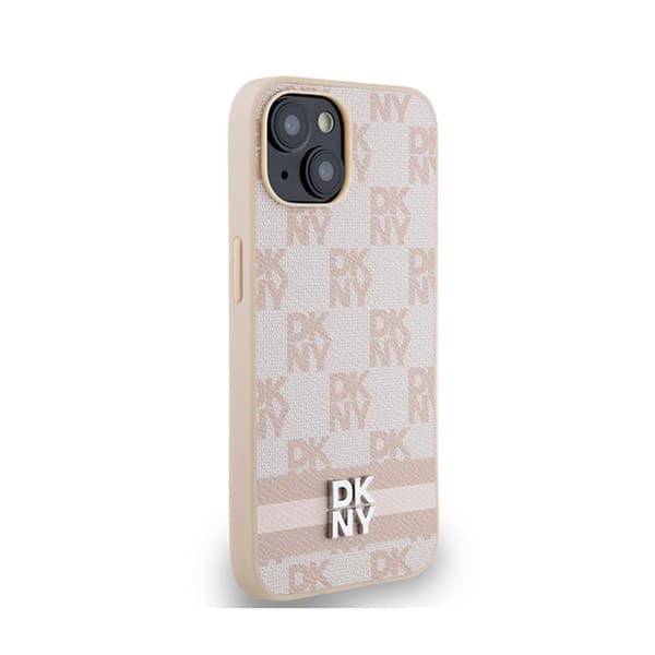 DKNY Nahkaruutukuvioinen yksikuvioinen kuvio ja painetut raidat - iPhone 15 Plus / 14 Plus -kotelo (vaaleanpunainen)