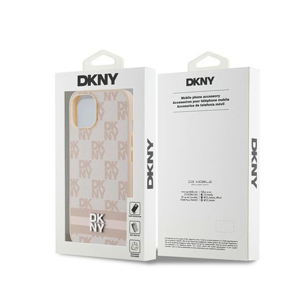 DKNY Nahkaruutukuvioinen yksikuvioinen kuvio ja painetut raidat - iPhone 15 Plus / 14 Plus -kotelo (vaaleanpunainen)