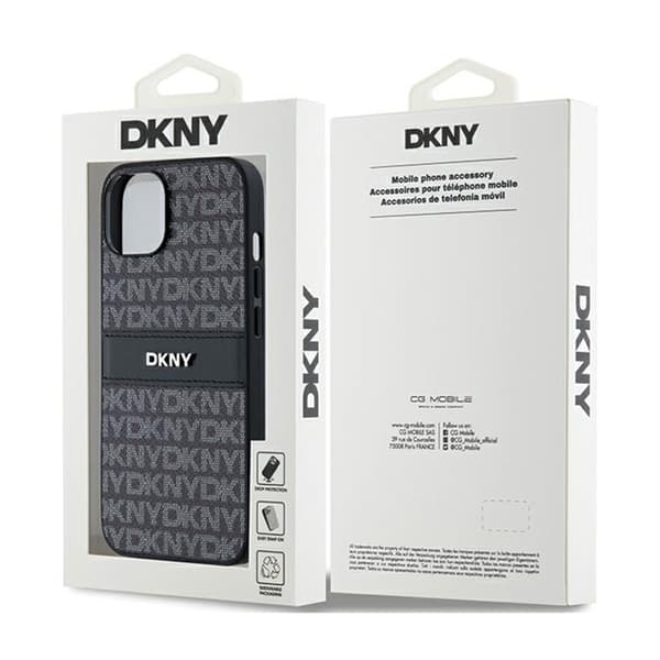 DKNY Nahkainen Mono Stripe & Metal Logo - iPhone 14 / 15 / 13 -kotelo (musta)