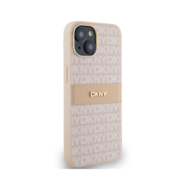 DKNY Leather Mono Stripe & Metal Logo - iPhone 14 / 15 / 13 -kotelo (vaaleanpunainen)