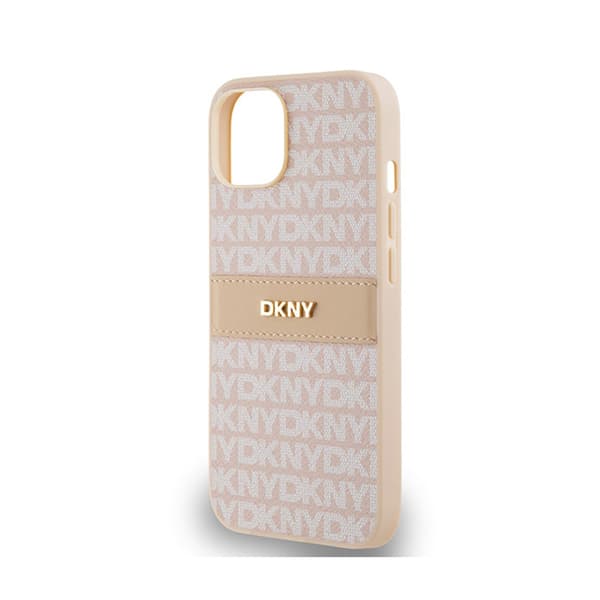 DKNY Leather Mono Stripe & Metal Logo - iPhone 14 / 15 / 13 -kotelo (vaaleanpunainen)