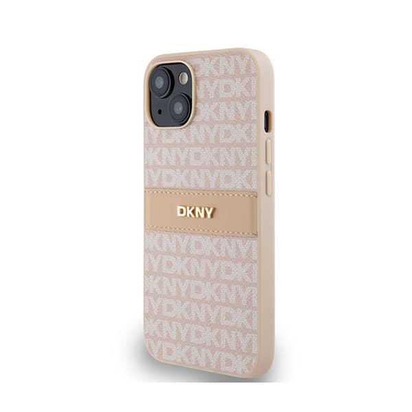 DKNY Leather Mono Stripe & Metal Logo - iPhone 14 / 15 / 13 -kotelo (vaaleanpunainen)