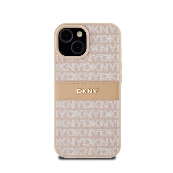DKNY Leather Mono Stripe & Metal Logo - iPhone 15 Plus / 14 Plus -kotelo (vaaleanpunainen)