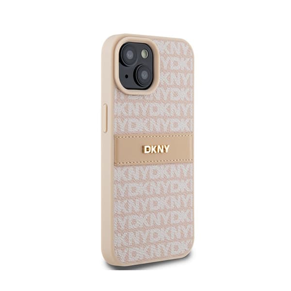 DKNY Leather Mono Stripe & Metal Logo - iPhone 15 Plus / 14 Plus -kotelo (vaaleanpunainen)